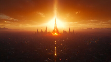 Sticker - Sunset over futuristic city, fiery spire