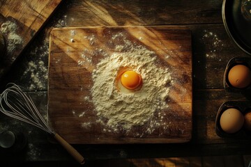 Poster - Top down view of a wooden board with flour and a cracked egg ready for baking preparation in a cozy setting. Generative AI