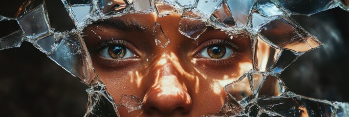 Poster - Shattered glass reflects a fragmented and expressive face highlighting emotions and intricate details of a gaze. Generative AI