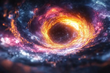 Wall Mural - spiral vortex of vibrant neon colors swirling through dark space with ethereal light particles and g