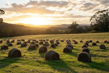 Aufkleber - Sunset over a picturesque field with hay bales scattered across green grass in a serene rural landscape. Generative AI