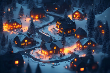 Sticker - Snowy village night scene, winter homes glow