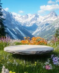 Wall Mural - A small flat rock serves as a placeholder for a product in a vibrant outdoor setting, framed by majestic mountains and a scenic natural backdrop.