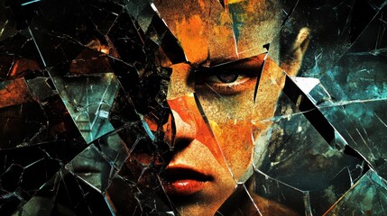Poster - Reflections of vulnerability with shattered glass revealing fragmented parts of a persons face in a moody setting. Generative AI