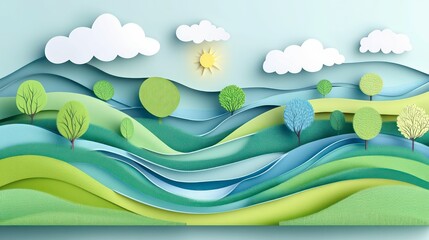 Wall Mural - A serene landscape with green grass, rolling hills, and a bright blue sky, crafted in a colorful paper cut-out style, evoking a cheerful vibe.