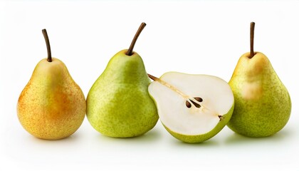 Wall Mural - Three whole pears and one pear half, showcasing their vibrant colors and textures.