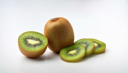 Canvas Print - Fresh kiwis, one whole and some sliced, on a white background.