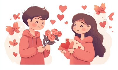 Poster - Young men and women holding flowers, Valentine's Day greeting card background