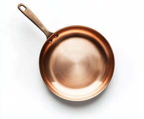 Top view of a shiny copper frying pan on white background.