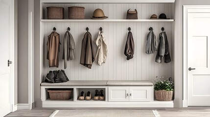 Poster - mudroom with built-in storage, hooks for coats, and a bench with storage underneath