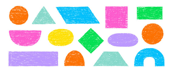 Aufkleber - Color pencil texture figure set. Hand drawn sketch doodle crayon texture brush kid geometric shape circle, triangle, square pastel background. Childish crayon pencil figure vector illustration