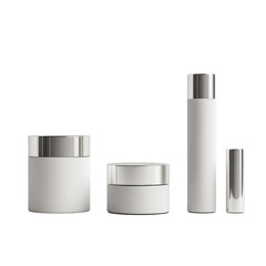Poster - The image shows three white cosmetic containers with silver lids arranged on a white background, showcasing a minimalist product display.
