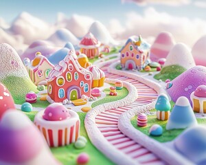 Canvas Print - Candy houses and sweet treats in a whimsical land. AI.