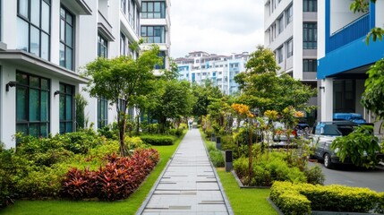 People stroll along a clean walkway surrounded by vibrant plants and modern buildings