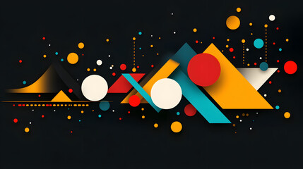 Wall Mural - Abstract composition featuring colorful geometric shapes and dots on a dark background