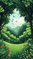 Poster - Lush green forest clearing with wildflowers, mountains, and bats in the sky.