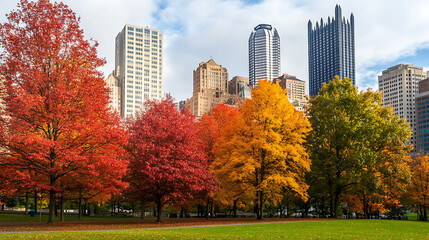 Wall Mural - Cityscape with colorful autumn trees in Pittsburgh, Pennsylvania. Skyscrapers, buildings surrounded by vibrant fall foliage. Urban landscape with trees in autumn colors. City park with trees,