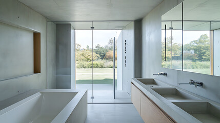 Wall Mural - Modern bathroom design. Concrete walls, floor. Stylish bath, sink. Glass shower enclosure. Contemporary aesthetic. View of outdoor space through window. Stylish, minimalist. Clean lines, neutral