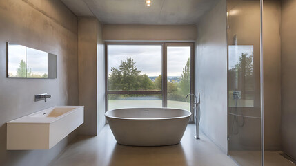 Wall Mural - Modern bathroom design. Concrete walls, floor. Stylish bath, sink. Glass shower enclosure. Contemporary aesthetic. View of outdoor space through window. Stylish, minimalist. Clean lines, neutral