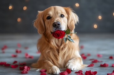 Canvas Print - Golden Retriever Dog Holding A Red Rose