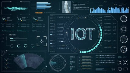 Wall Mural - motion graphic of blue digital iot letter logo with head up display (hud ui) panel and futuristic te