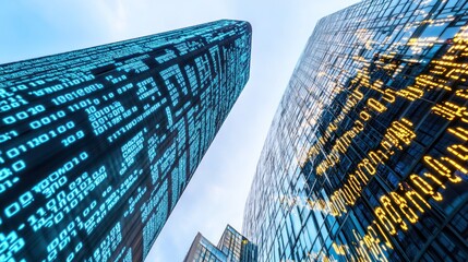 Digital Metropolis: Skyscrapers Illuminated by Binary Code