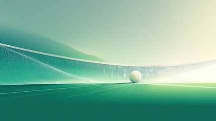 Wall Mural - Tennis ball on court with net, sunrise.