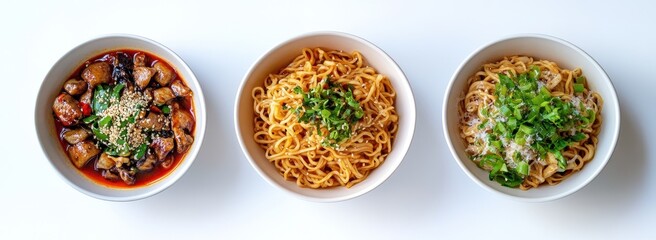 Wall Mural - Three bowls of Asian noodles and chicken dish.