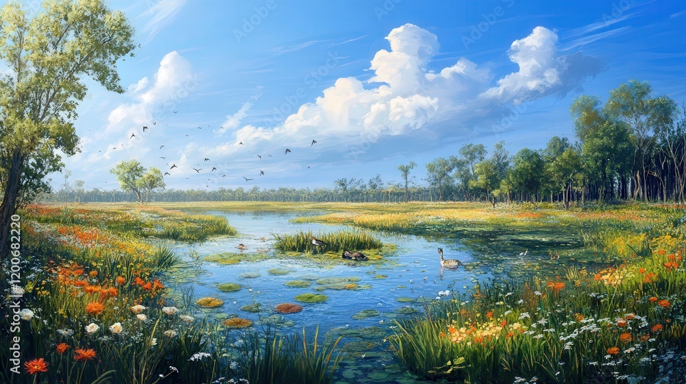 wetland ecosystem at its peak during the spring, with newly bloomed ...