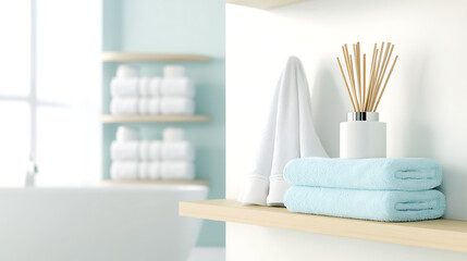 Wall Mural - Modern air freshener bottle on organized bathroom shelf with fresh towels and natural light