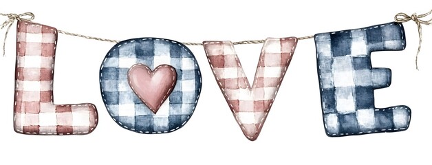 Wall Mural - Watercolor Love Banner Gingham Fabric Letters