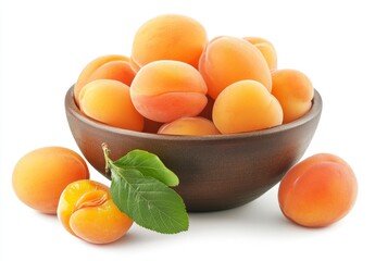 Wall Mural - Ripe apricots in a wooden bowl with leaves.