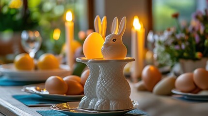 Wall Mural - A close-up of Easter table decorations, including egg-shaped candles and bunny place holders.