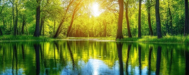 Wall Mural - Sunlit forest river reflection, peaceful nature