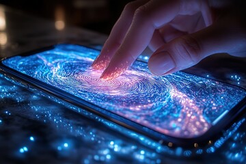 Wall Mural - finger unlocking phone screen with futuristic fingerprint scan animation.