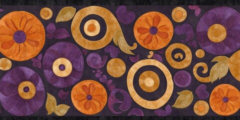 Canvas Print - Abstract floral pattern, autumnal colors, dark background, textile design