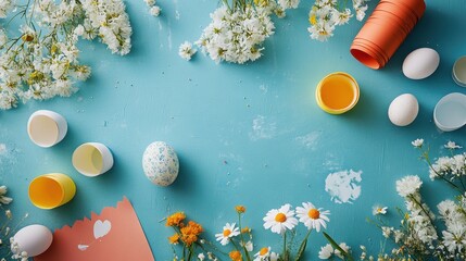 Wall Mural - A DIY craft table with supplies for making Easter decorations, including paper, glue, and paint.