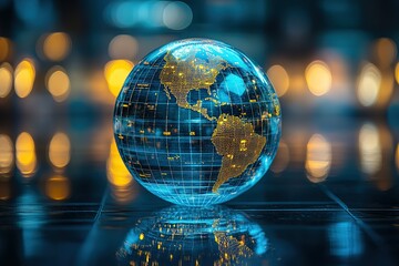 Wall Mural - glass globe with digital world map, reflecting in a dark surface with blurred lights in the backgrou
