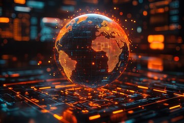 Wall Mural - digital globe hovering over a futuristic circuit board, representing global connectivity and technol