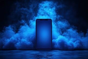 Wall Mural - Smartphone in blue smoke, dark background.  Perfect for technology, mystery, or futuristic concepts.