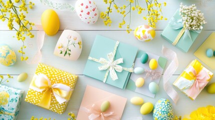 Wall Mural - A flat-lay of handmade Easter cards with ribbons, stamps, and decorative elements.