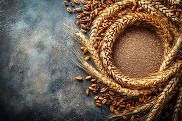 Canvas Print - Wheat stalks frame flour on dark background; baking, food, ingredients