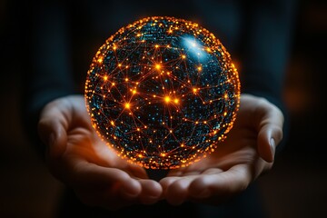 Wall Mural - glowing network sphere held in hands, symbolizing global connection and digital technology.