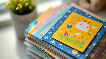 Wall Mural - A stack of colorful Easter cards with playful designs and thoughtful messages written inside.