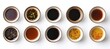 © tolem929 - Ten small bowls of various sauces and dressings on white background.