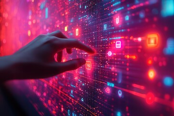 Wall Mural - hand interacting with a vibrant digital interface, showcasing futuristic technology and data streams