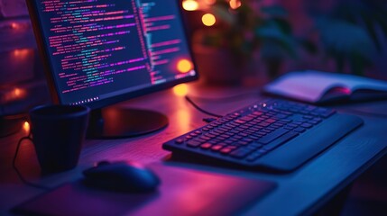 Programmer's workspace at night with code on screen.