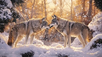  Two Playful Wolves Engaging in Winter Fun Amidst Snowy Forest Scene