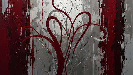 Wall Mural - An abstract composition with bold splashes of red, burgundy, and shimmering silver