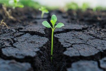 Wall Mural - A small green sprout emerges from dry, cracked soil, symbolizing resilience and new beginnings in a harsh environment.